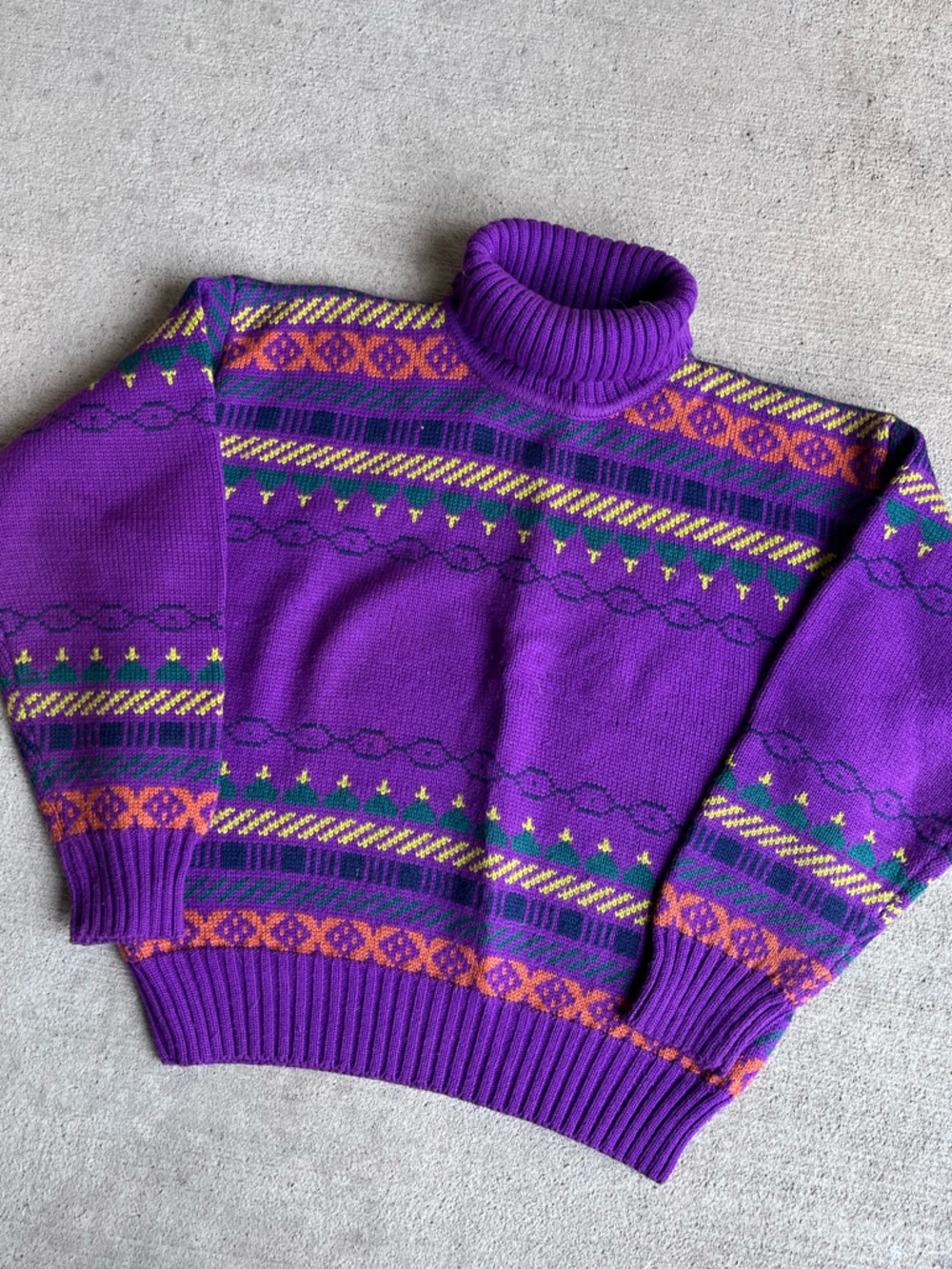 Vintage 90s obermeyer wool knit jumper geometric multi color sweater turtleneck